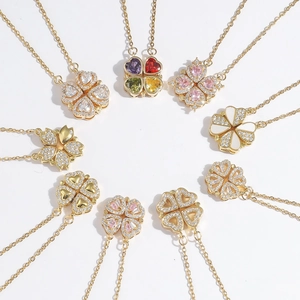 Foldable magnetic four-leaf clover heart pendant necklace in nine varied gemstone colors