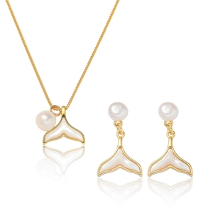 Elegante Fischschwanz Süßwasserperle Edelstahl Halskette Ohrringe Für Damen Vergoldet Muscheleinlage Täglicher Schmuck