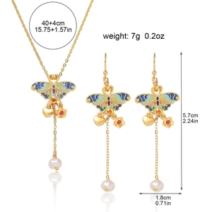 Cloisonné butterfly jewelry set with enamel pendant necklace and pearl tassel earrings