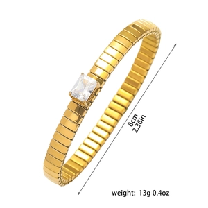 Gold elastic bracelet featuring clear rectangle zircon and size measurement details