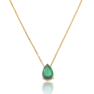 Élégant collier en or avec pendentif en pierre précieuse vert émeraude taille poire sur blanc