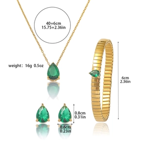Détails de la parure bijoux goutte d'eau vert émeraude avec collier et boucles d'oreilles