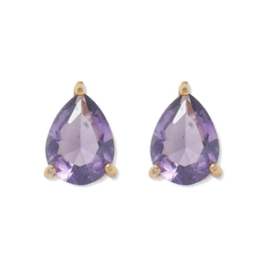 Détails de boucles d'oreilles en zircon violet taille poire avec monture dorée élégante