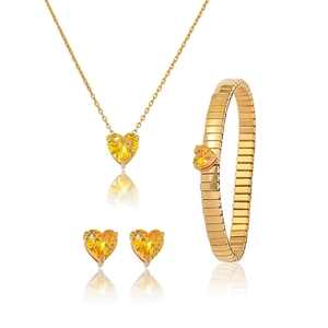 Goldenes Herz-Schmuckset mit gelbem Edelstein, Halskette, Armband und Ohrringen