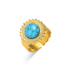 Anillo ajustable de acero dorado con piedra turquesa y banda con diseño de ondas