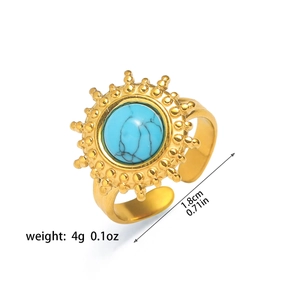 Detalle del anillo de turquesa dorado que muestra peso de 4g y diámetro de 1,8 cm