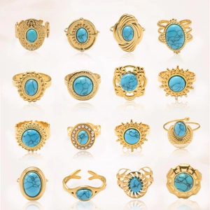 Anillo Abierto de Acero Inoxidable con Turquesa Sintética Vintage para Mujer Bohemio Chapado en Oro Étnico Ajustable Joyería Retro