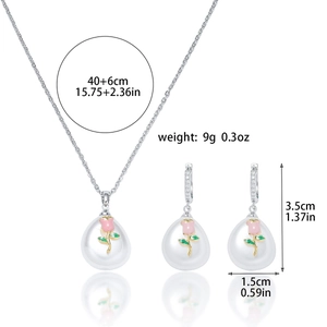 Detailed view of freshwater pearl necklace set with pink enamel rose and dimensions