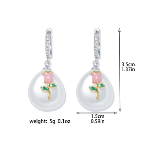 Detail of freshwater pearl teardrop earrings with pink rose flower relief and dimensions