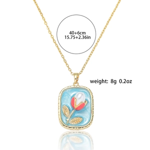 Detail of flower enamel rectangle pendant with dimensions and weight measurements
