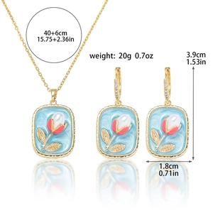 Detailed view of blue enamel tulip necklace and earrings with pearl accents and dimensions