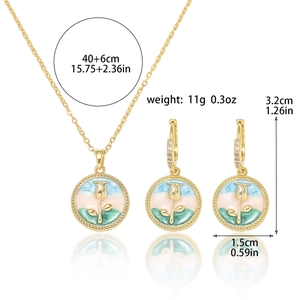 Detailed view of floral enamel necklace and earrings set with dimension measurements