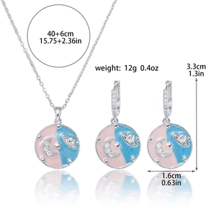 Detailed view of enamel moon and star jewelry set with chain length and weight specs