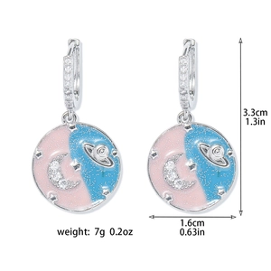 Detail of star and planet enamel drop earrings with size and weight measurements