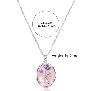 Detail of flower enamel pendant with freshwater pearl and size info 41+6cm length