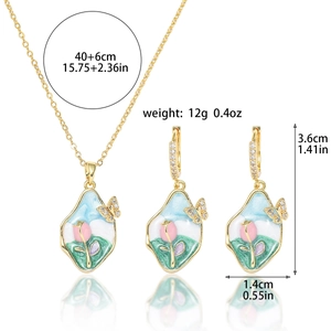 Detail view showing measurements for enamel tulip necklace and matching earrings set