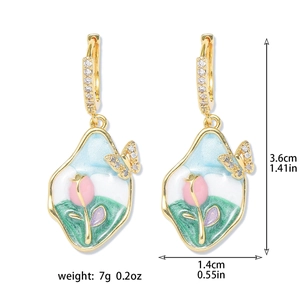 Detailed view of enamel tulip earrings with cubic zirconia butterfly and dimensions