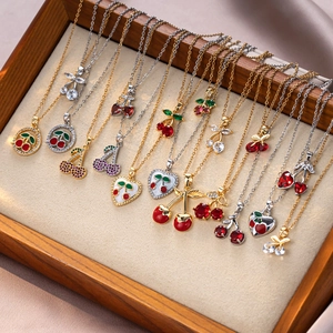 Minimalist cherry pendant necklace for women in gold and silver stainless steel styles