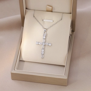 Sparkling silver cross pendant necklace with clear zircon stones in a premium gift box