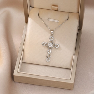 Exquisite cross pendant necklace with zircon stones in a premium champagne gift box