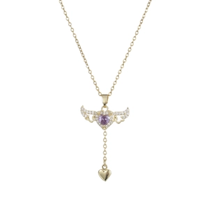 Detail of Cupid angel wing necklace with purple heart stone and sparkling tassel pendant