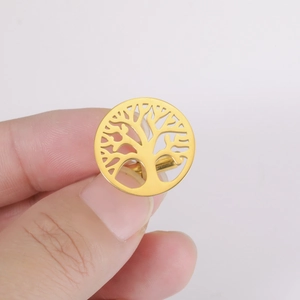 Minimalist gold stainless steel round cufflinks with hollow life tree design