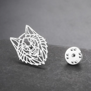 Minimalist geometric wolf head lapel pin made of polished 304 stainless steel
