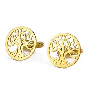 Polished gold 304 stainless steel cufflinks featuring a hollow tree of life design