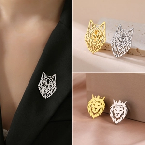 Punk Minimalist 304 Stainless Steel Wolf Lion Eagle Brooch Pin Hollow Geometric Lapel Pin Accessory Jewelry For Men Women