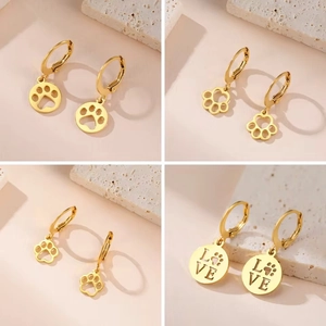 Minimalist Stainless Steel Hollow Paw Print Heart Pendant Hoop Earrings For Women Gold Silver Pet Lover Jewelry Gift