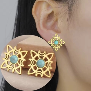 Golden Celtic witch knot stud earrings with light blue turquoise stone for women