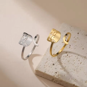 Adjustable 18K gold plated and silver stainless steel cat silhouette rings for women