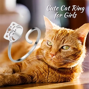 Adjustable silver stainless steel open ring with a cute hollow cat head and tail design