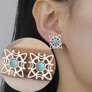 Detail of Celtic witch knot earrings featuring silver hollow design and turquoise stones