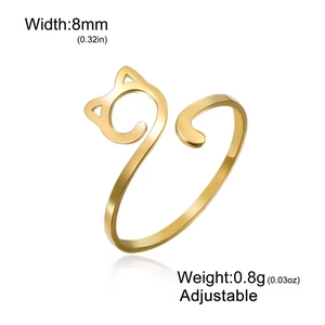 Adjustable 18K gold plated stainless steel cat ring for women, width 8mm and weight 0.8g