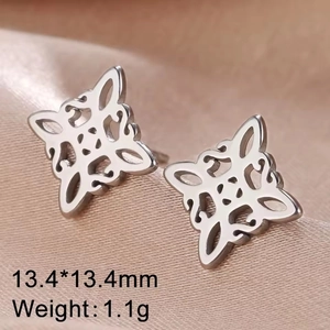Detailed macro view of Celtic Witch Knot stud earrings in silver steel, 13.4mm size