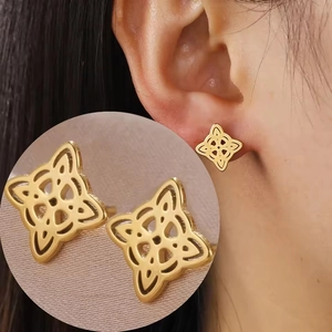 Detailed view of golden Celtic witch knot earrings with symmetrical hollow design
