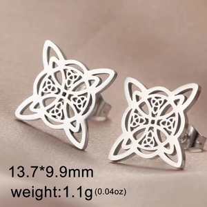Macro detail of silver Celtic knot stud earrings on silk with 13.7x9.9mm size label