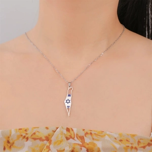 Pendentif carte Israël en acier inoxydable argenté avec étoile de David et chaîne O