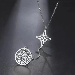 Silver stainless steel Celtic knot necklace with hollow pentagram charm and occult symbols