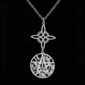 Detailed close-up of a stainless steel Wicca knot and pentagram amulet pendant necklace