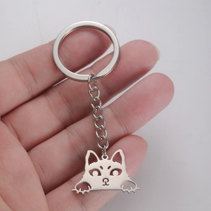 Cute hollow cartoon cat pendant keychain made of polished silver stainless steel