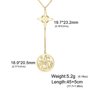 Golden stainless steel necklace with S-shaped witch knot and pentagram double pendants