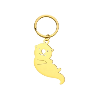 Porte-clés en acier inoxydable doré avec un pendentif mignon en forme de loutre de mer