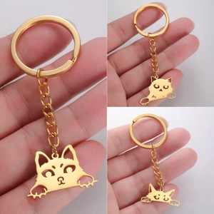Cute Cartoon Cat Pendant Keychain 304 Stainless Steel Hollow Kitten Bag Charm Accessory For Women Girls Key Ring Gift