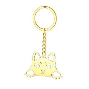 Cute golden stainless steel keychain featuring a hollowed-out cartoon peeping cat pendant