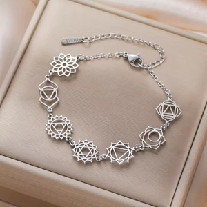 Dettaglio ravvicinato del bracciale chakra yoga in acciaio inossidabile con marchio S.STEEL