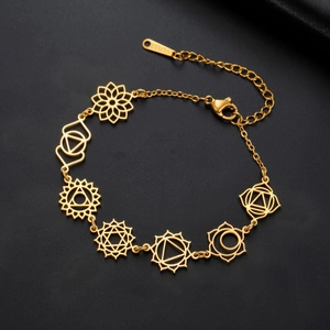 Dettaglio del bracciale yoga chakra in acciaio inossidabile 304 dorato con timbro S.STEEL