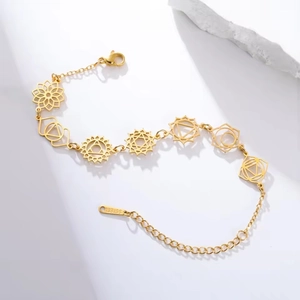 Dettaglio del bracciale chakra in acciaio inossidabile dorato 304 con chiusura a moschettone