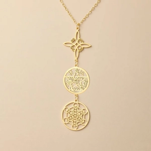Goldene Edelstahlkette mit Wicca-Knoten und Metatron-Würfel-Symbolen